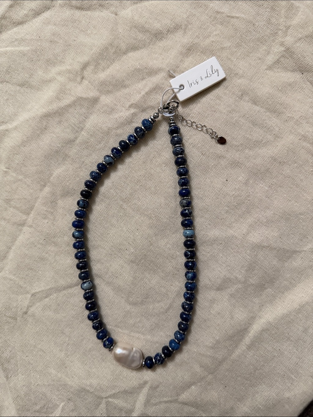 Navy Bead Necklace with Pearl Accent